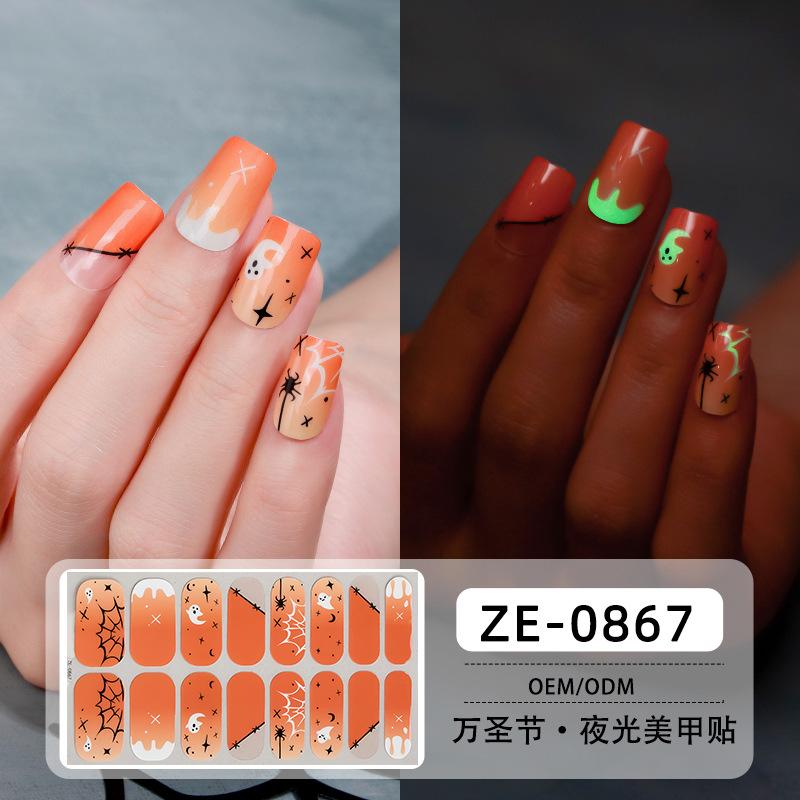 Halloween Nail Art Sticker Waterproof Cartoon Nail Oil Film Stylish and Cute No-Bake Nail Luminous Sticker