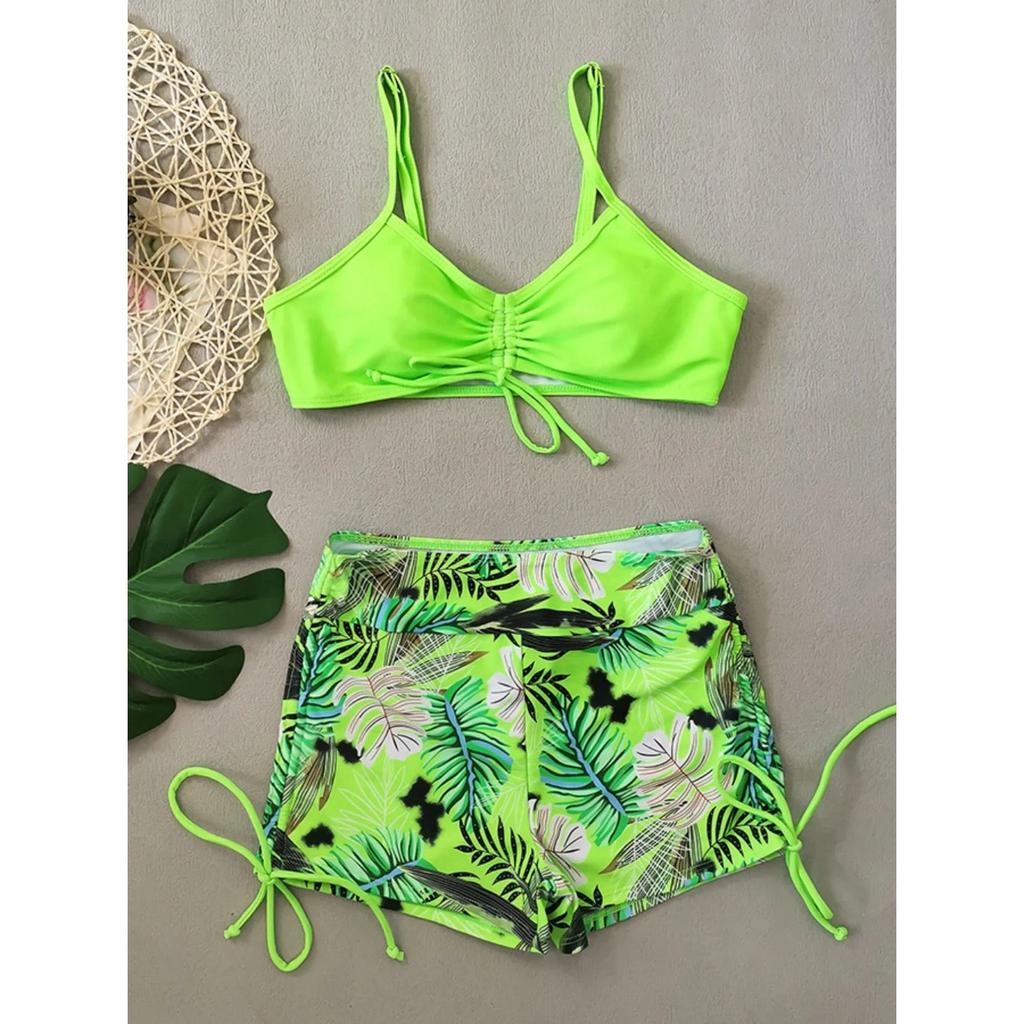 Women's Bikini Set Fluorescent Green High Waist Floral Print 2 Piece Swimsuit Drawstring Pleated V-neck Bathing Suit 2025 New