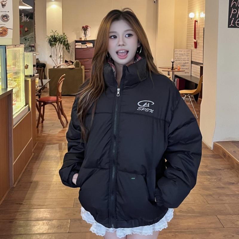 Plaid contrasting color short cotton clothes women's short New Year's thickened warm bread clothes black cotton-padded clothes winter new models