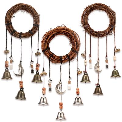 3 Pcs Witch Bell for Door Knob for Protection Decorative Witchcraft Hanging Bell Wind Chime with Handmade Rattan Wreath