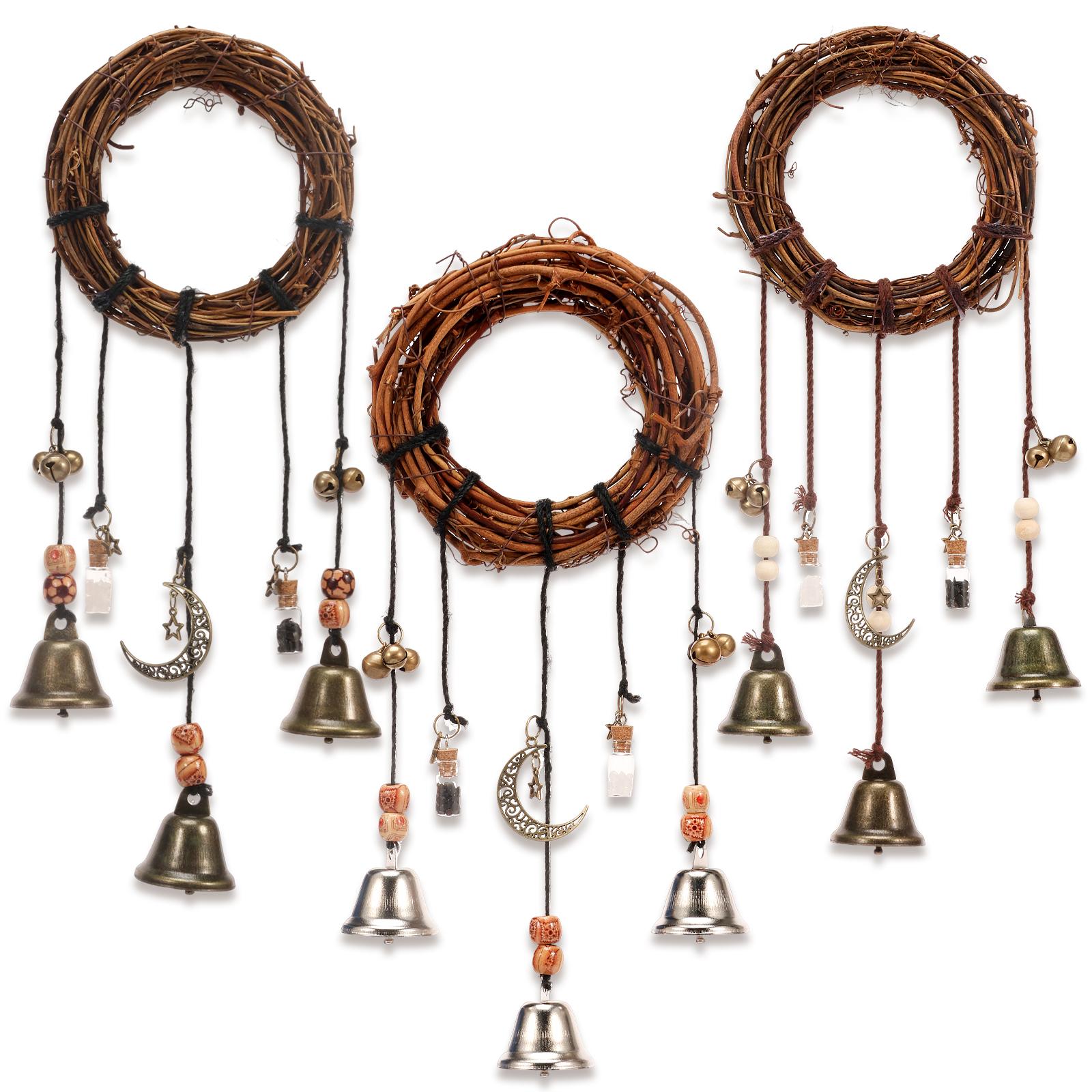 

3 Pcs Witch Bell for Door Knob for Protection Decorative Witchcraft Hanging Bell Wind Chime with Handmade Rattan Wreath