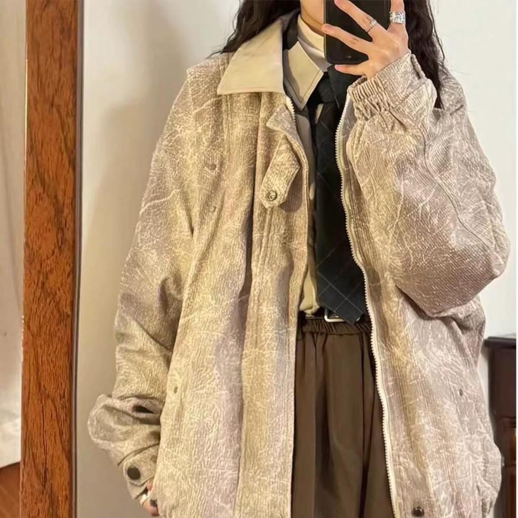 Women's Corduroy Patchwork Jacket - Retro Turn-Down Collar, Distressed High Street Style, 2025 Spring/Autumn Trend