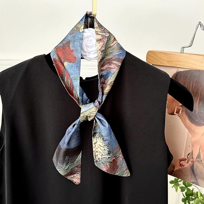 Blue silk scarf, long strip, new fashion, oil painting style, bow, headband, braided hair, tied bag, streamer, multi-purpose waist silk scarf.