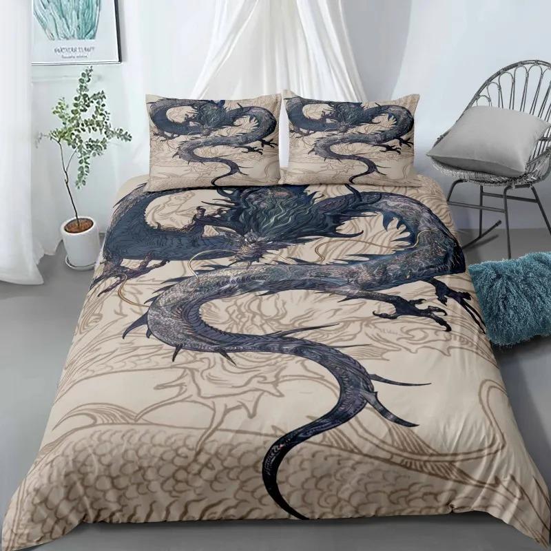 Comforter Dragon King Queen Japanese Exotic Bedding Set Ancient Mythical Animal Comforter 2/3Pcs Polyester