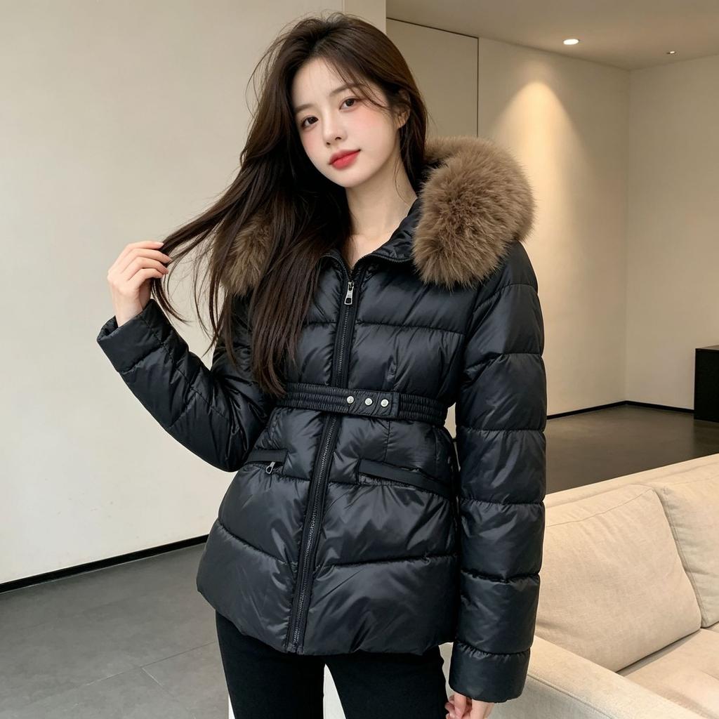 Winter new slim and thin fashion cotton-padded clothes women's short waist hooded fur collar