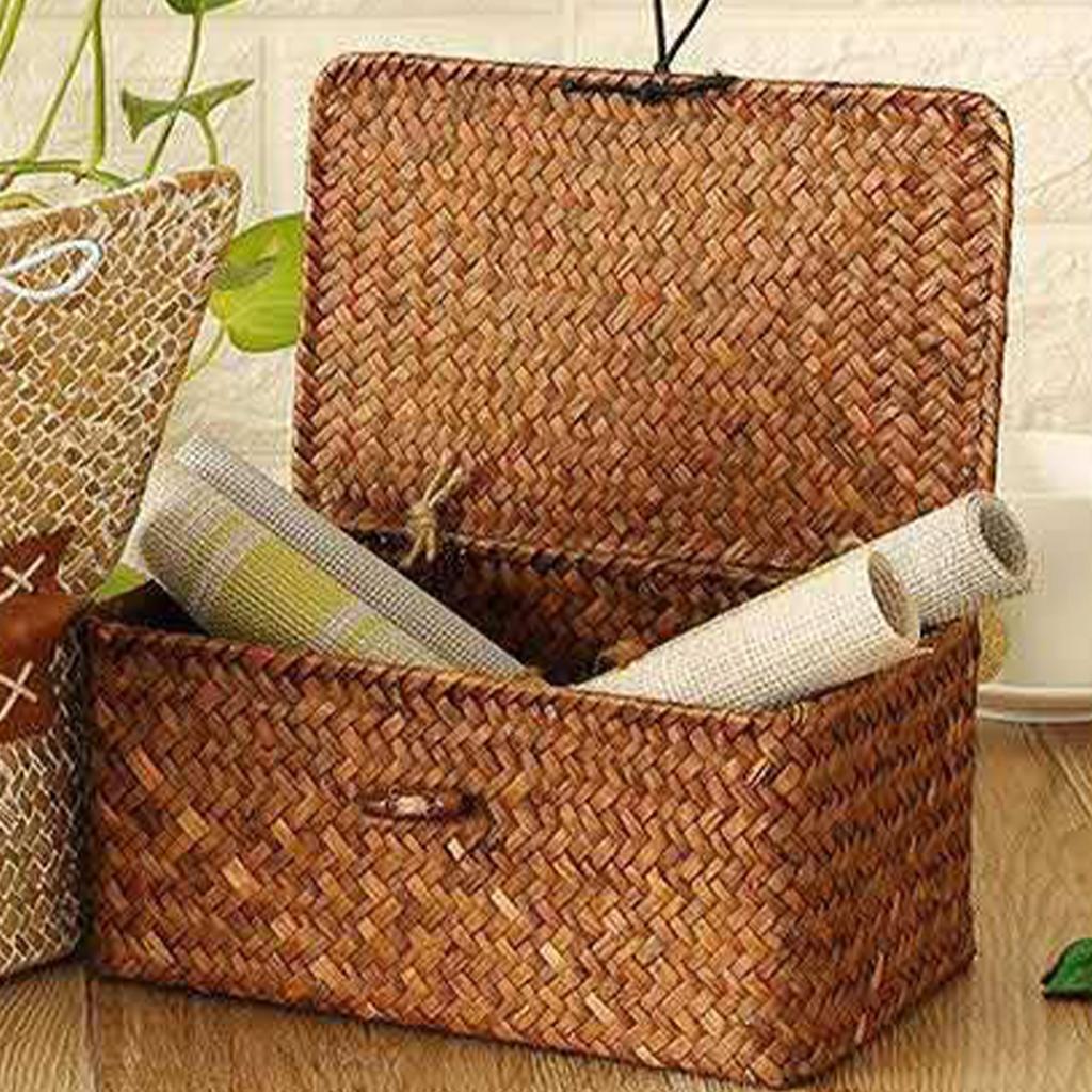 Hand-Woven Straw Storage Box with Lid Natural Rattan Organizer Basket for Home Office Decor Vintage Style Decorative Bin