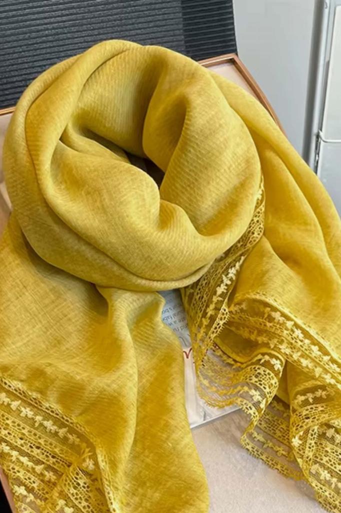 Yellow Shawl with Lace - 100X100 , Cotton with Polyester