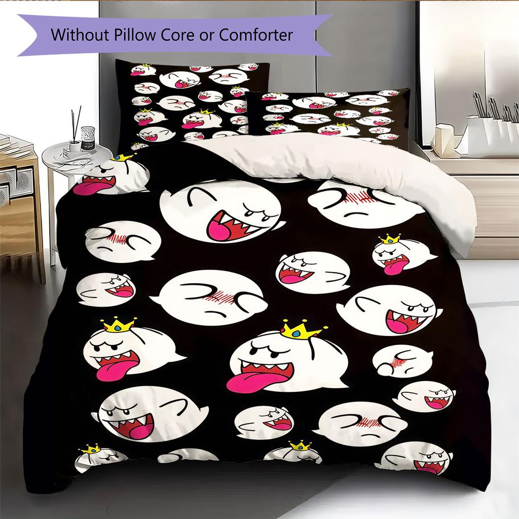 Boo Mario Pattern Bedding Home Decoration Birthday Gift ( 1 Duvet Cover + 2 Pillowcase, Without Core),fan Merchandise.