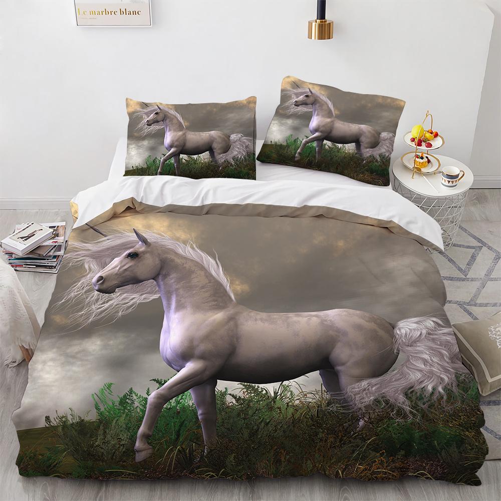 Blue Unicorn Duvet Cover Set Wild Animals Horse Polyester Bedding Set King Queen Full Size For Kids Boys Girls Comforter Cover