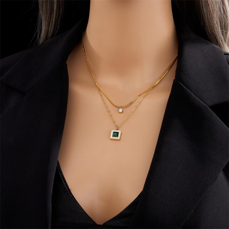 Gold Tone Double Layer Herringbone Chain Necklace with Emerald CZ Pendant
