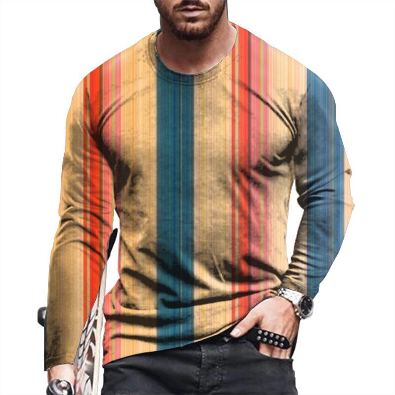 Spring and Autumn Round Neck 3D Stripe Printed Top Fashionable Casual Long Sleeved Men's T-shirts