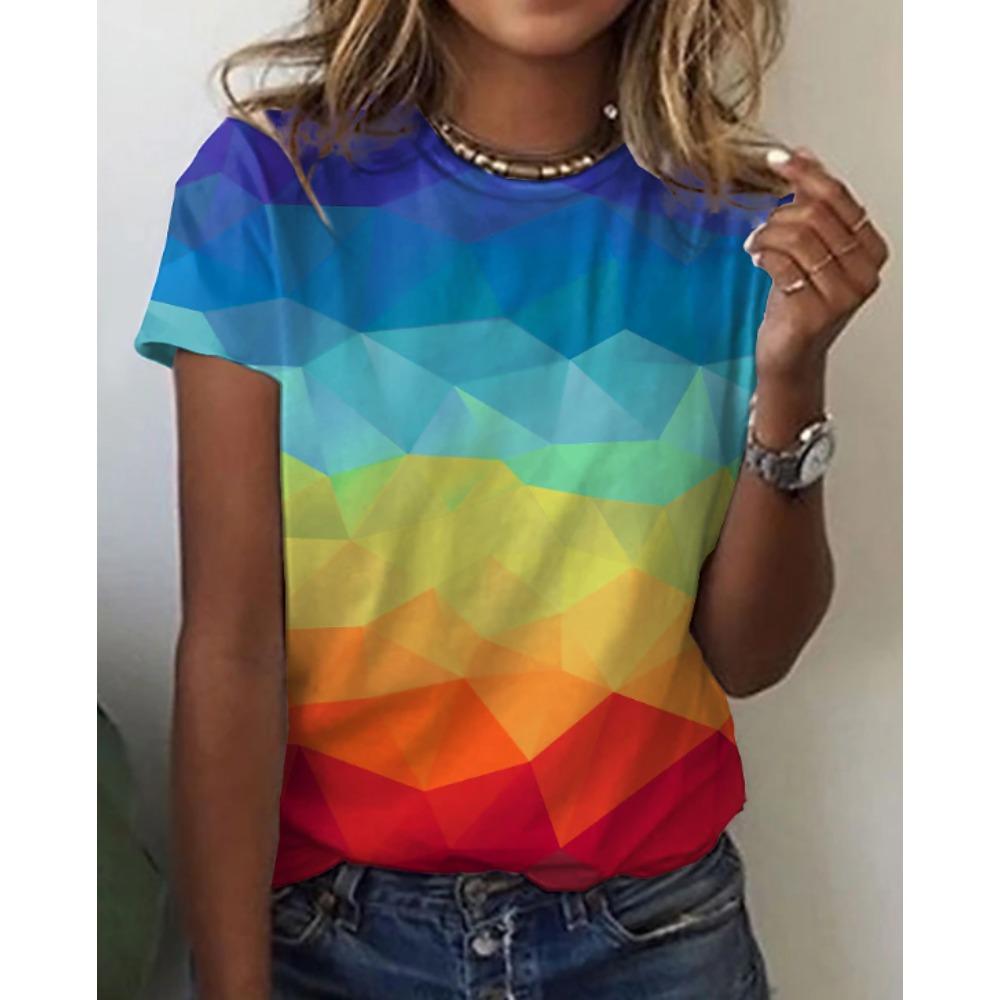 Fashion Women Retro Creative Rainbow Tie Dye Print T Shirt Funny Casual O-neck Short Sleeves T-shirt Summer Female Tee Shirt