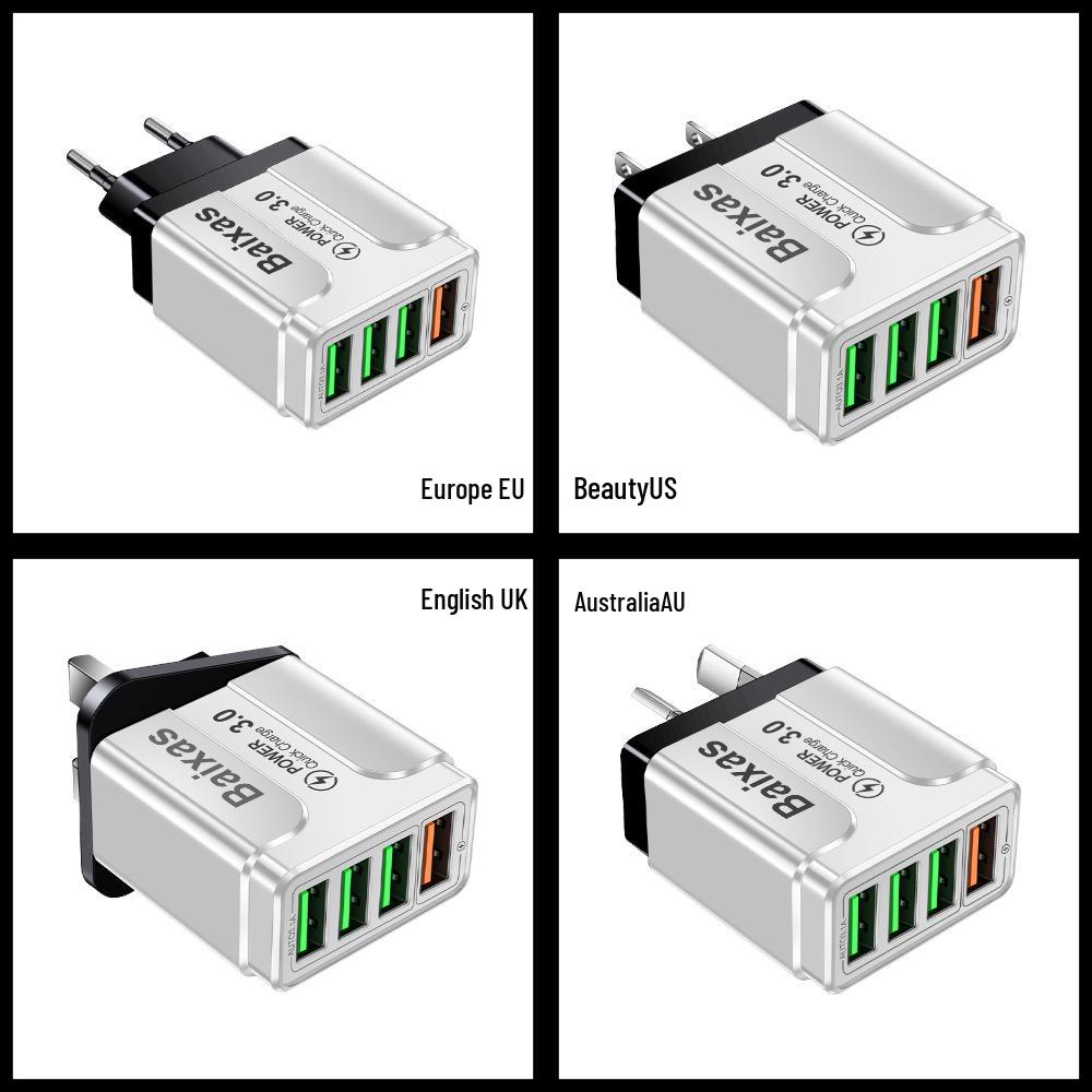 QC3.0 4-Port Fast USB Charger with EU/UK/AU Plug for Mobile Devices