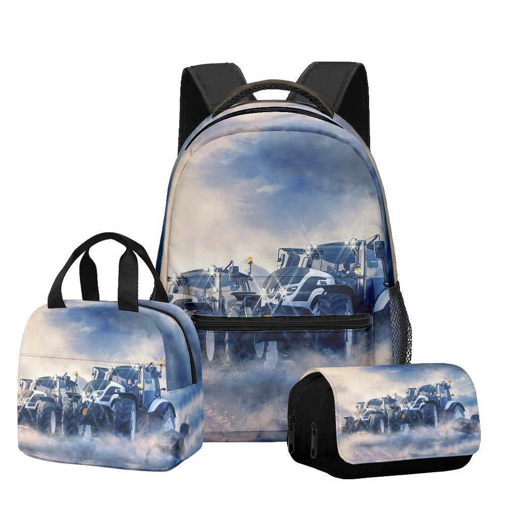 Classic Novelty Cool Tractor pattern 3D Printed 3pcs/Set Student School Bags Laptop Daypack Backpack Lunch bag Pencil Case