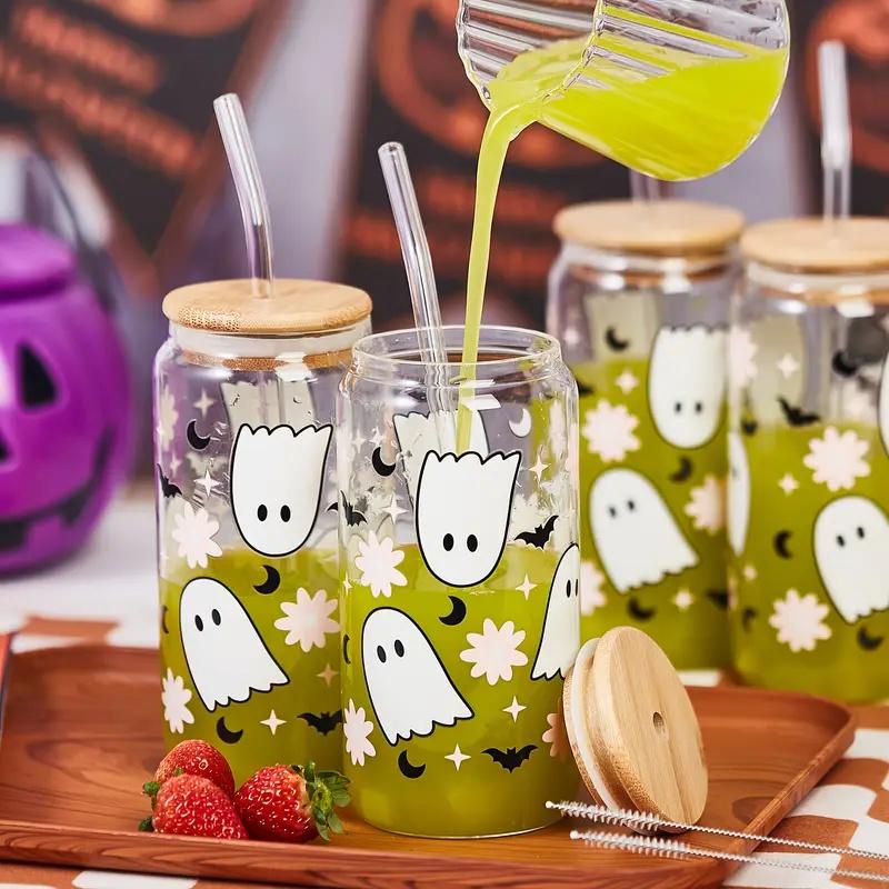 Halloween Drinking Cup with Lid and Straw 18.7oz/550ml Canned Glass Cup Cute Kawaii Coffee Cup Juice Water Cup Milk