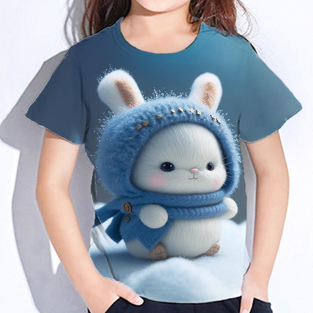 Rabbit Cartoon Print Toddler Short Sleeve Tops Oversized Crew Neck Tees Little Girl Clothes