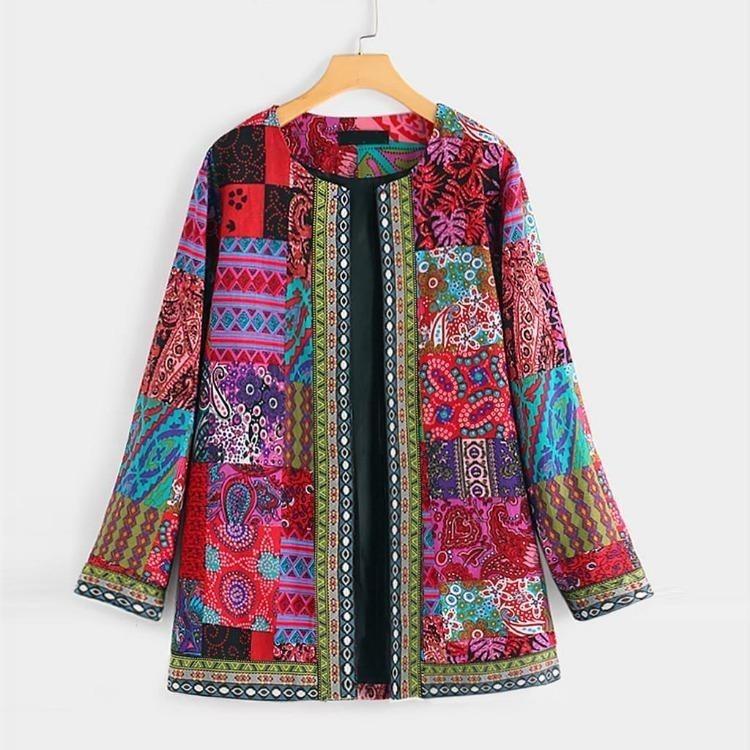 Vintage Floral Print Plus Size Cotton Jacket Women Long Sleeve Ethnic Coat