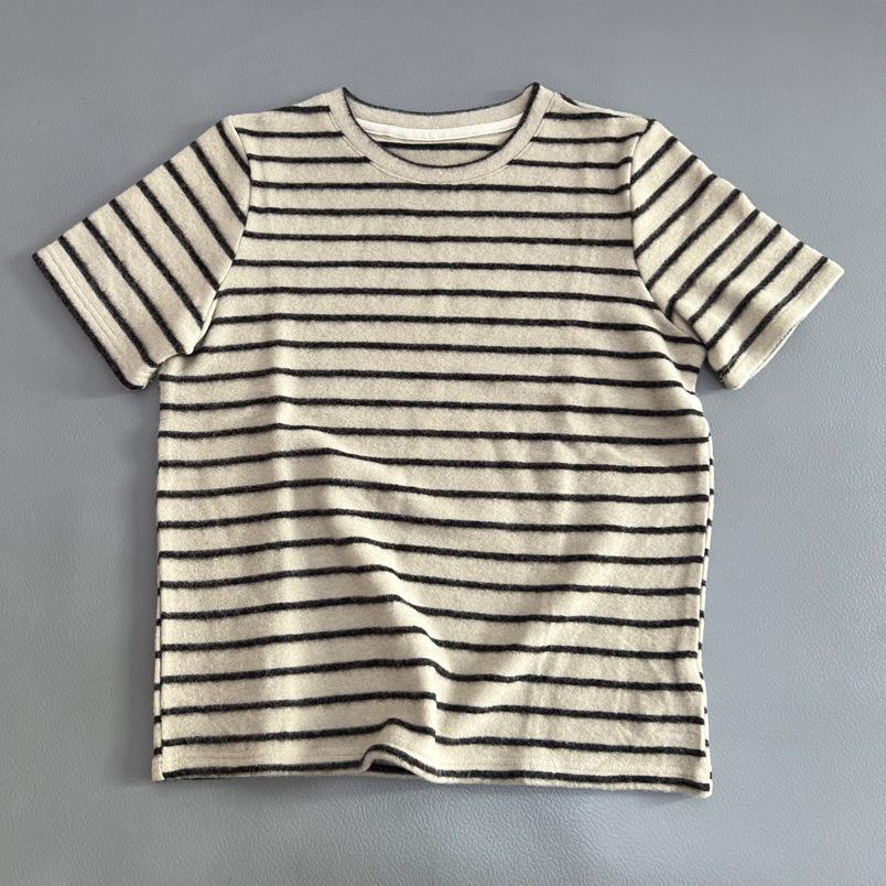 Women s Classic Apricot Stripe Short Sleeve Round Neck Casual Loose Top M