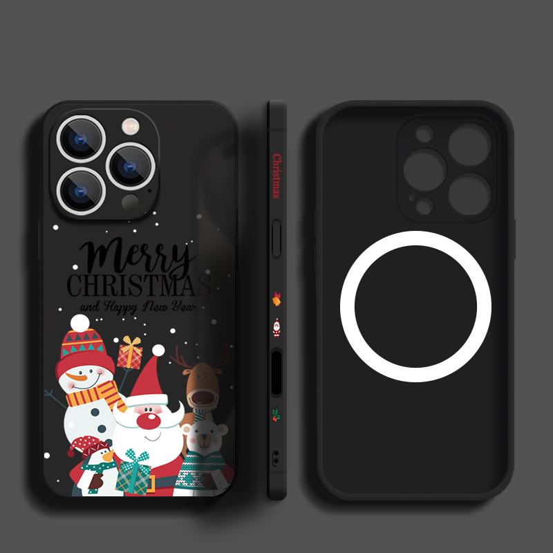 Christmas Santa Elk Pattern Slim Magnetic Cover For iPhone 16E 15 Pro Max 14 13 12 Pro 11 for Magsafe Matte Shockproof Soft TPU Lanyard Phone Case