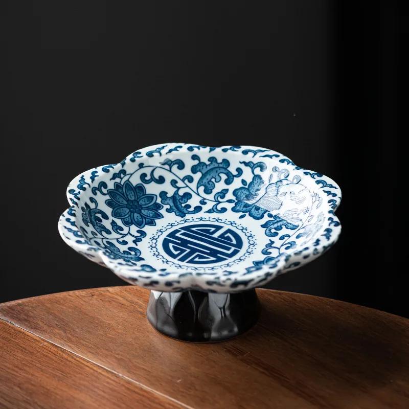 

Тарелка для хранения орехов и печенья в китайском стиле, сине-белая фарфоровая тарелка для фруктов, поднос для хранения всякой всячины в гостиной