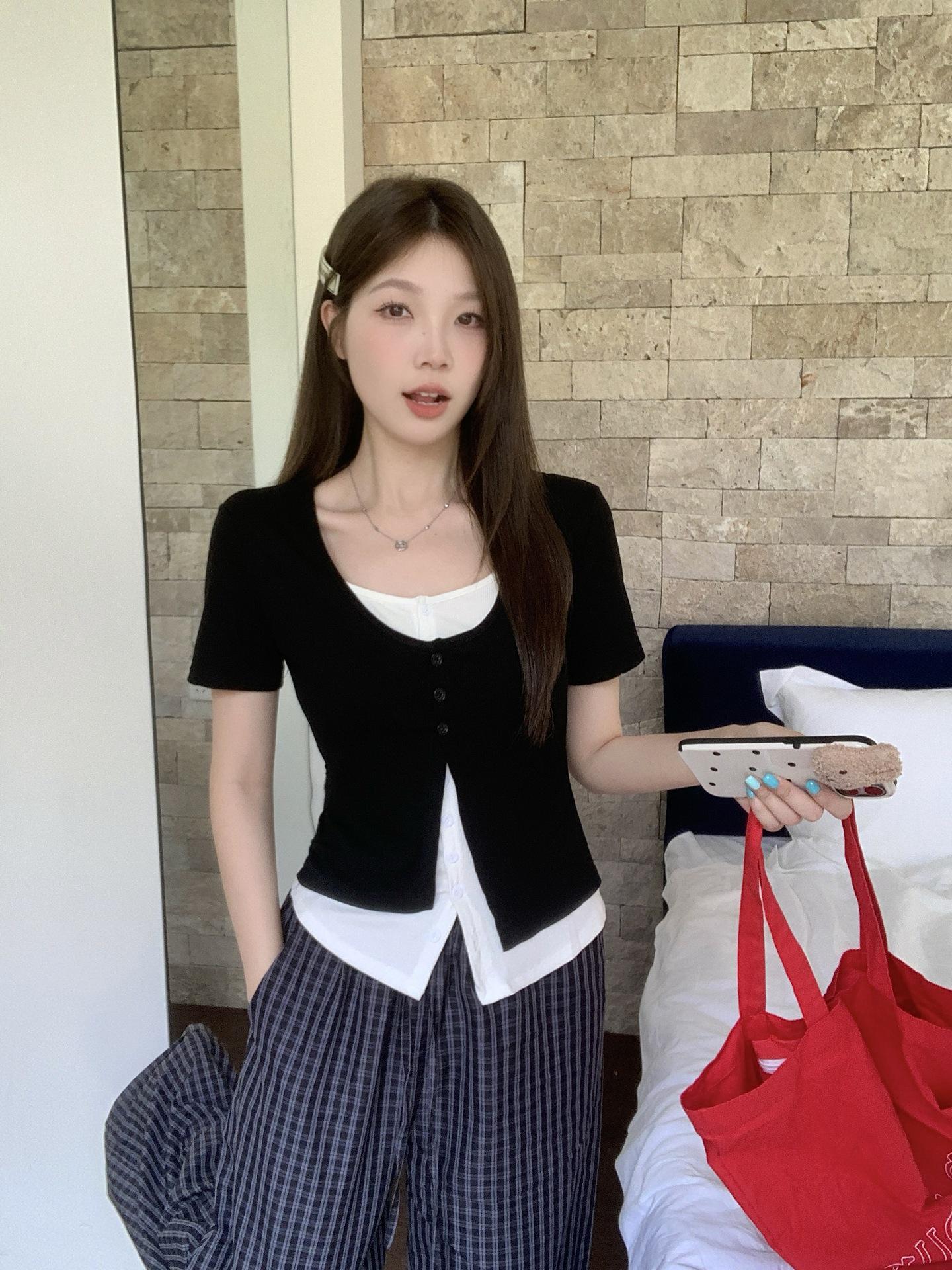 

Plus Size Summer Fake Two-Piece Color Block T-shirt: Waist Cinched Slimming Top L
