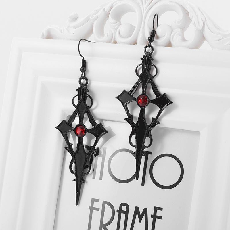Retro Gothic Dark Style Studded Red Zircon Cross Black Metal Earrings for Women Accessories