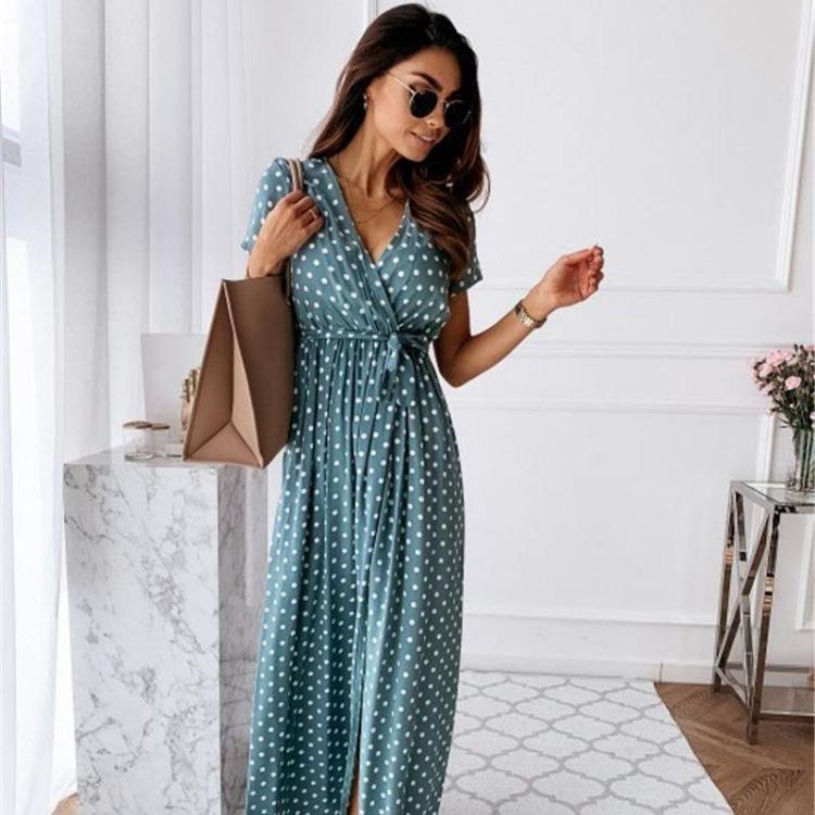 Sexy Bohemian Summer Dress V Neck Short Sleeve Long Skirt Casual Polka Dot Print Fashion