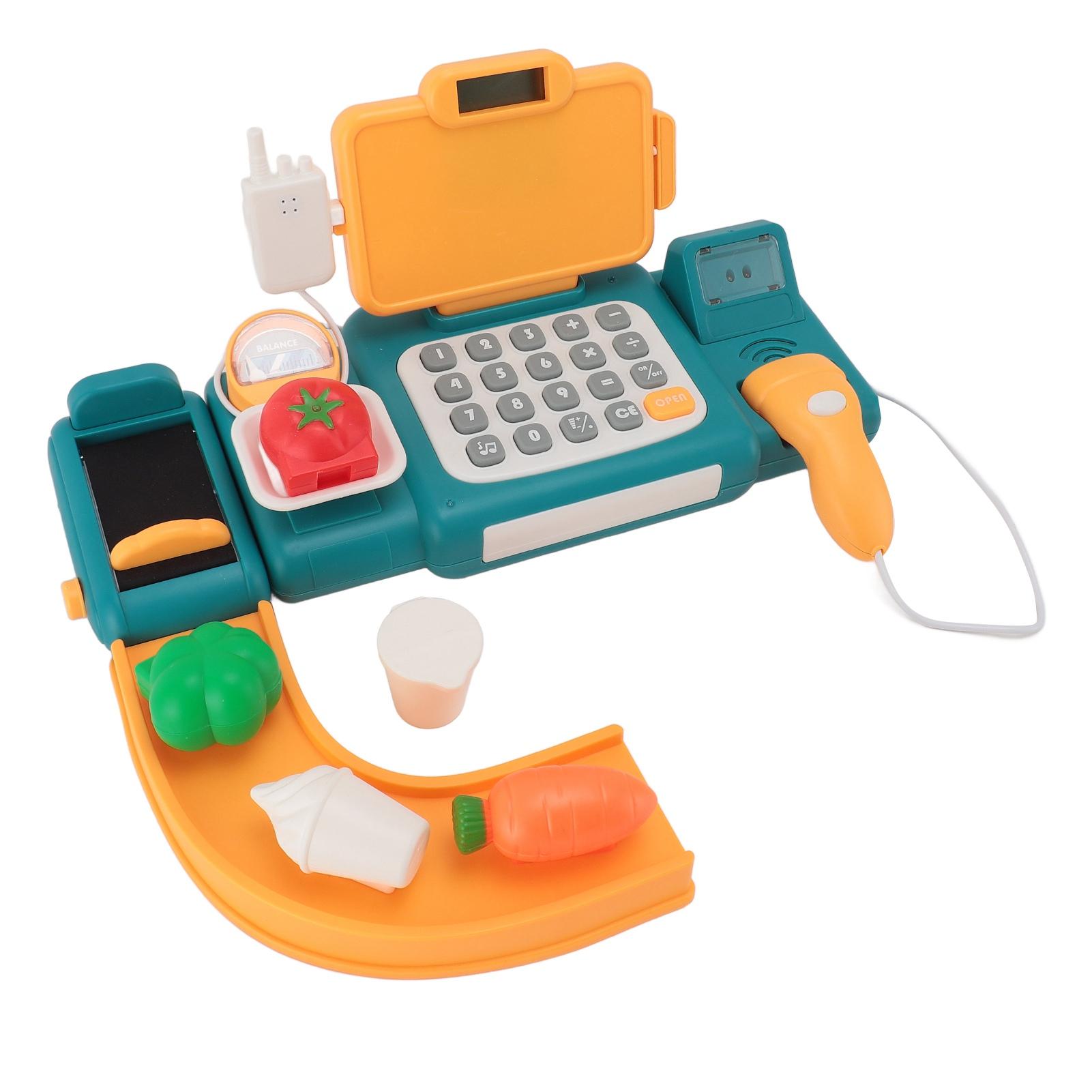 Cash Register Toy for Kids with Checkout Scanner Play Food Set Play Calculator Credit Card Rder Voice Broadcast Pretend Cash Register