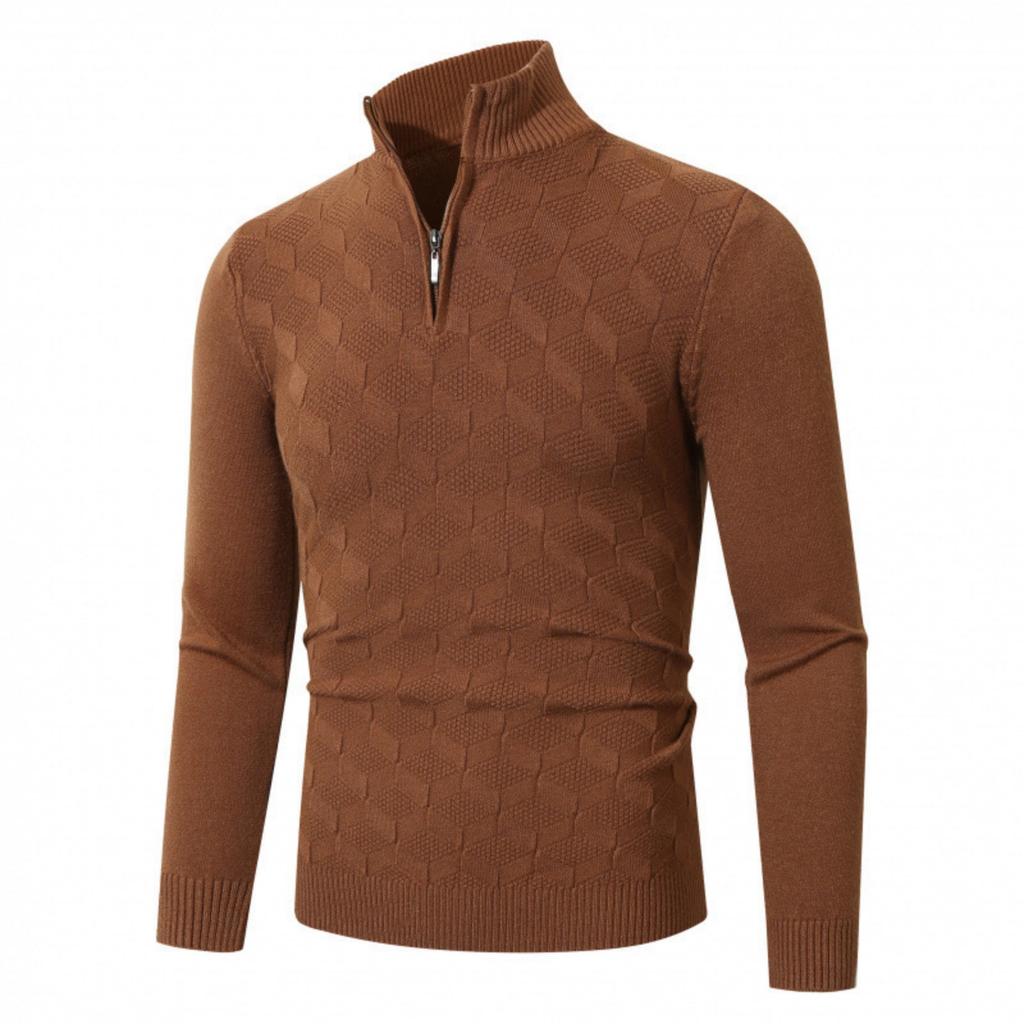 Men's Casual Solid Color Semi-zipper Stand-up Collar Knitted Sweater, Men's Fleece Warm Knitted Pullover Sweater