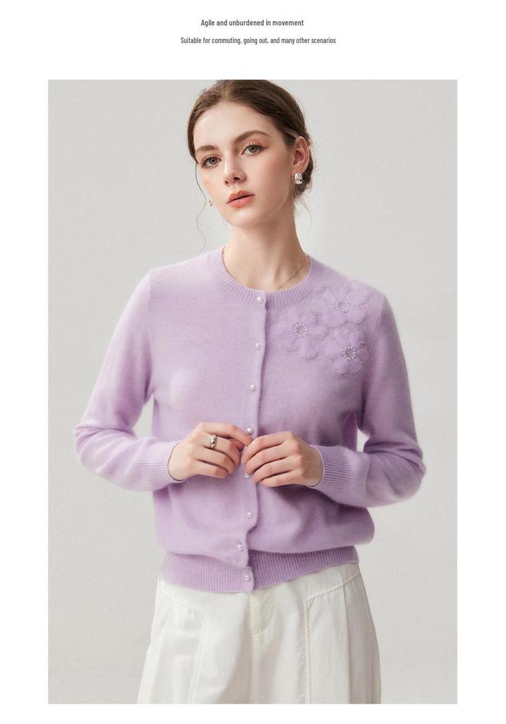 Women's Cashmere Cardigan: 3D Pearl Lace Flowers, Round Neck, Long Sleeve Knitwear for Autumn/Winter.