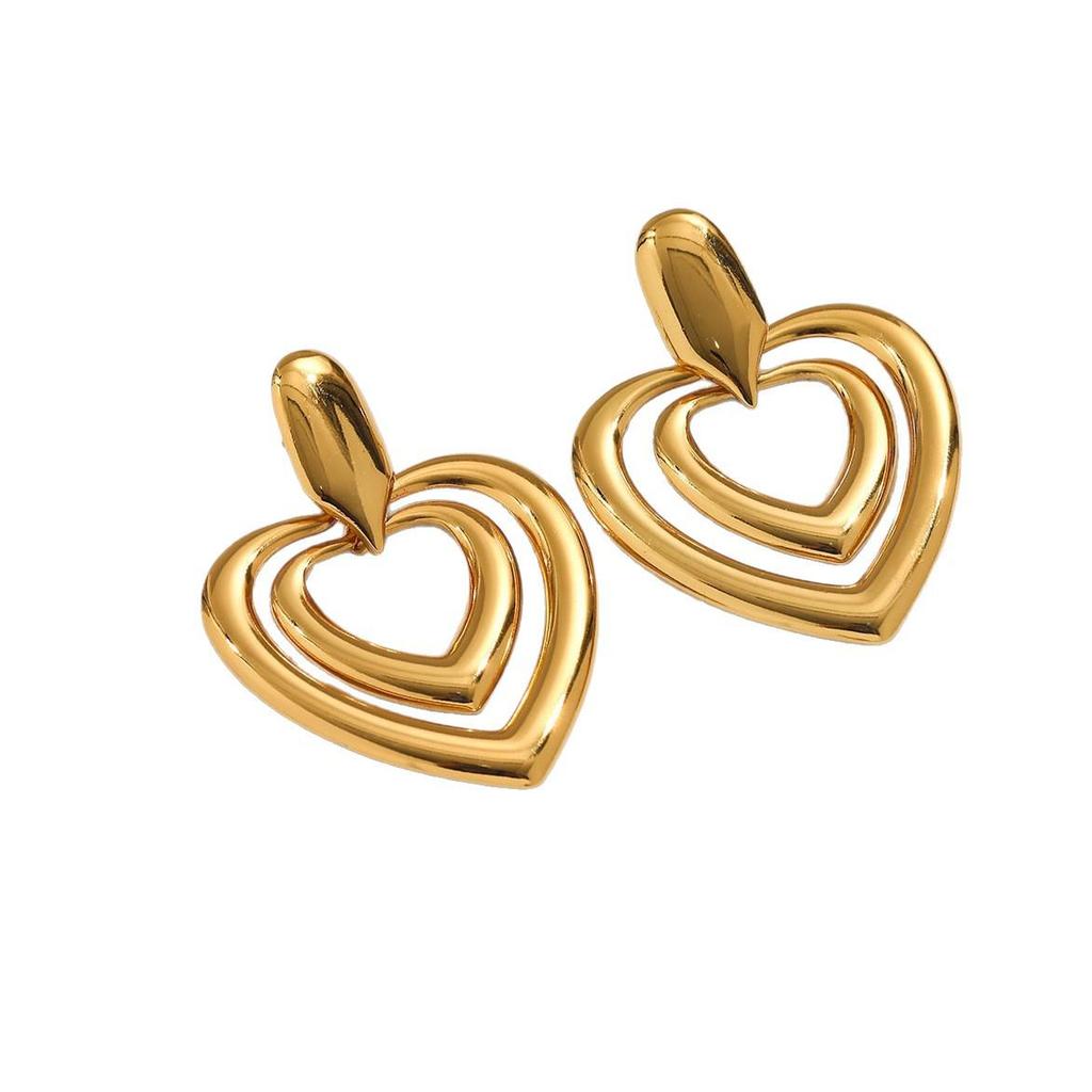 European-American Stainless Steel Double Heart Stud Earrings - Simple, Luxurious, Exaggerated, High-end Design