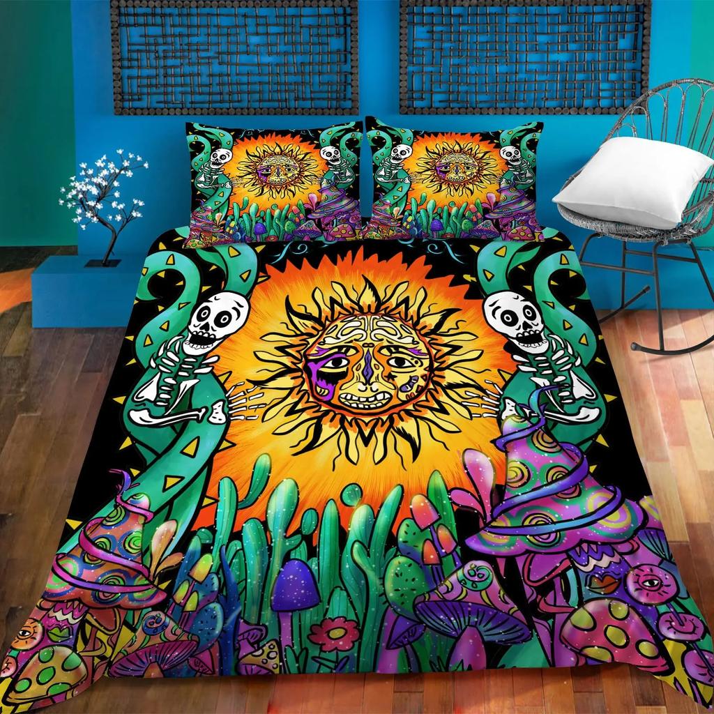 Trippy Alien Duvet Cover Set Queen Alien Skull Bedding Set Psychedelic Space Watercolor Colorful Queen Size Bedspread Alien Gift