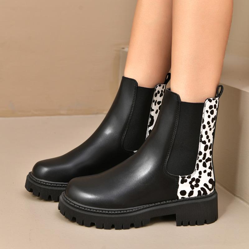 Platform Leopard Print Boots Women's Season Autumn New Retro Round Toe Splice Slip Platform Soft Sole Kitten Heels