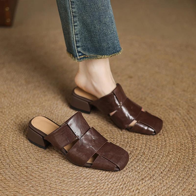 Fashion 2025 Outside Summer Women Mules Genuine Leather Women Shoes Cover Toe Chunky Heel Slippers Square Toe Hollow-out Modern Slippers