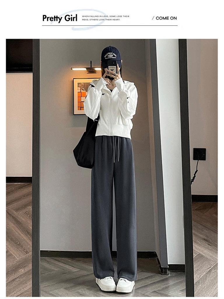 Women's Korean Style High Waist Wide Leg Sweatpants - Petite, Warm, Drape, Casual Sports Pants for Spring 2026