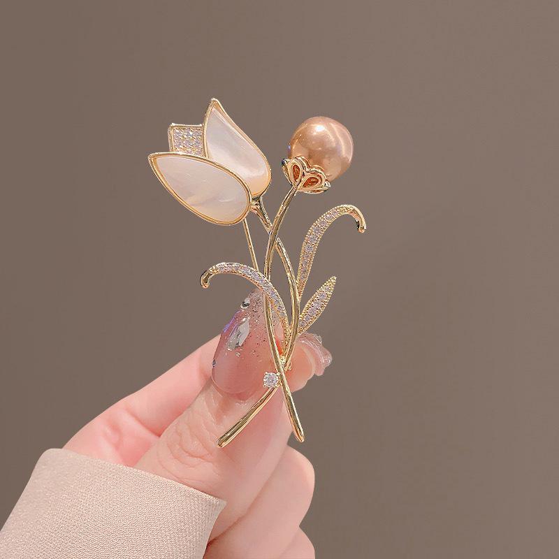 Elegant Tulip Pearl Crystal Brooch for Women - Floral Shawl Pin for Coats & Suits