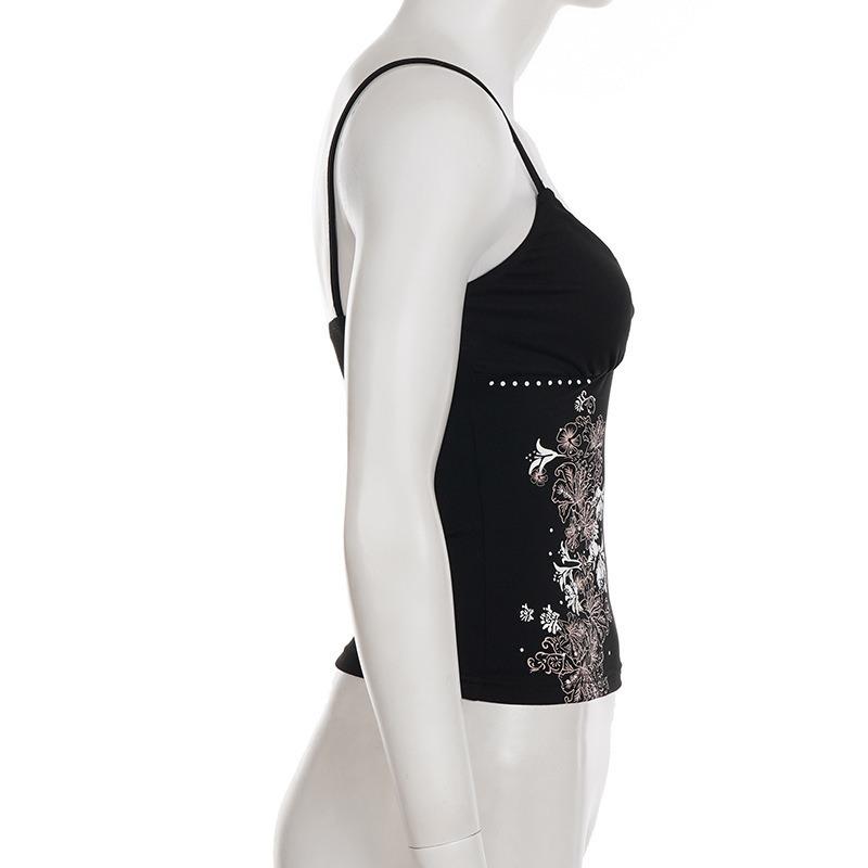 Women Summer V Neck Spaghetti Strap Floral Retro Print Slim Fit Camisole Top