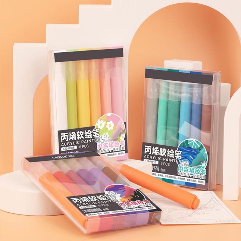 6Pcs Acrylic Marker 6 Color Acrylic Paint Pen Brush Marker for Painting On Wood Glass Fabric Metal Stone Scrapbooking