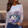 Women's Fashion Casual Slit Hem Round Neck Long Sleeve Loose Printed T-Shirt Ladies Top Christmas