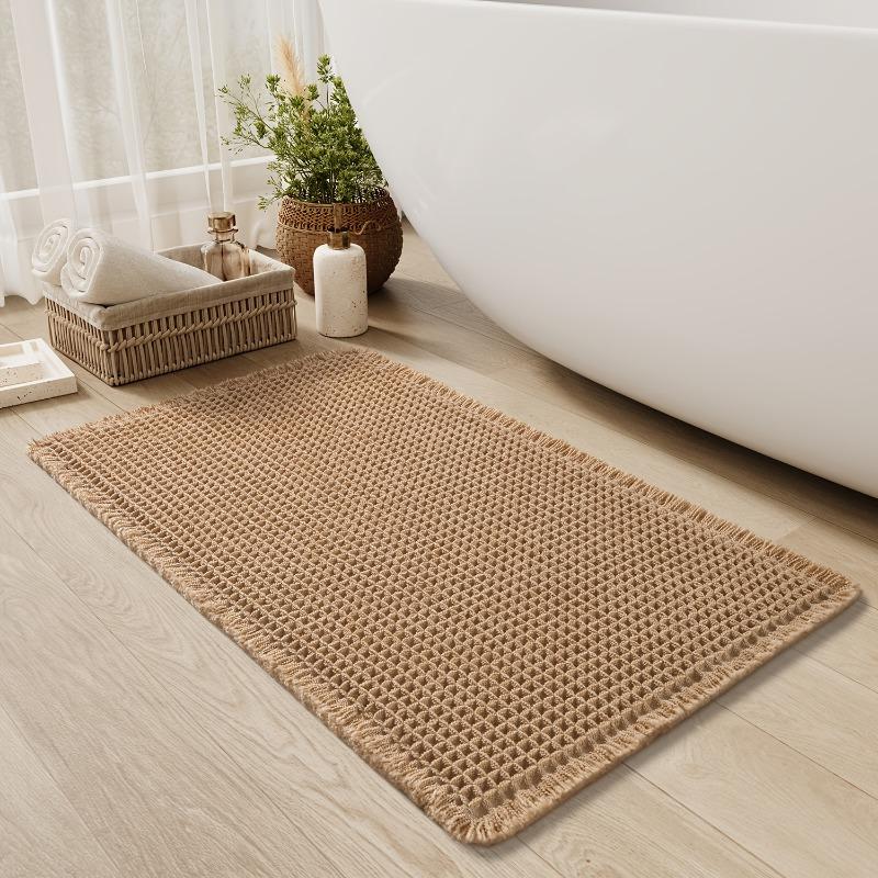 Ultra-Absorbent Waffle Bath Mat - Non-Slip, Machine Washable with Tassels, Rubber Backed Polyester Blend Rug for Bathroom Floor