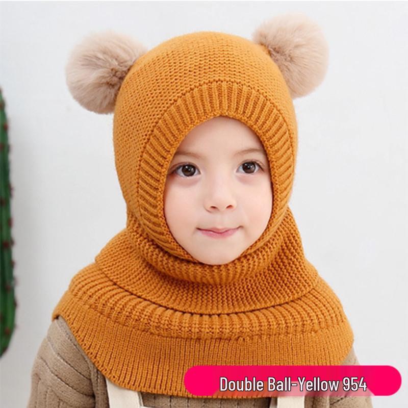 Koreaanse Stijl Kinder Dubbele Pompon Oorflappen Hoed & Eendelig Sjaal Set (Herfst/Winter 2025 Collectie)