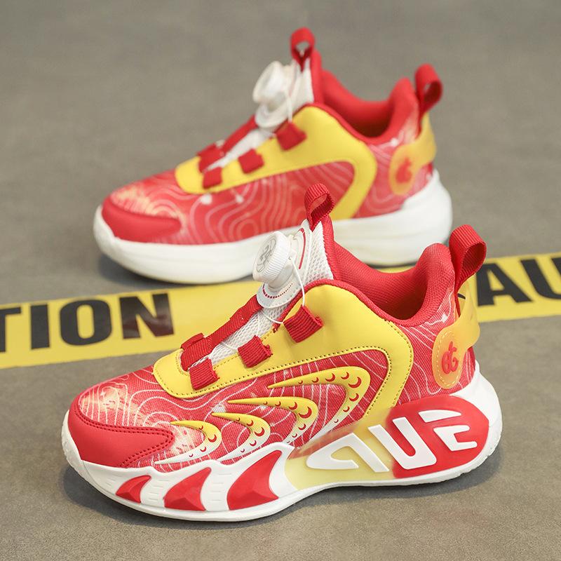 Boys shoes spring 2025 new children s rotating button sports shoes medium and older children s red boys basketball shoes 31