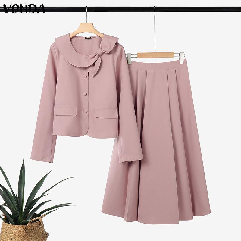 

VONDA Элегантные женские наряды Блузка с бантом с длинным рукавом и брюки Повседневные комплекты-двойки 5XL розовый