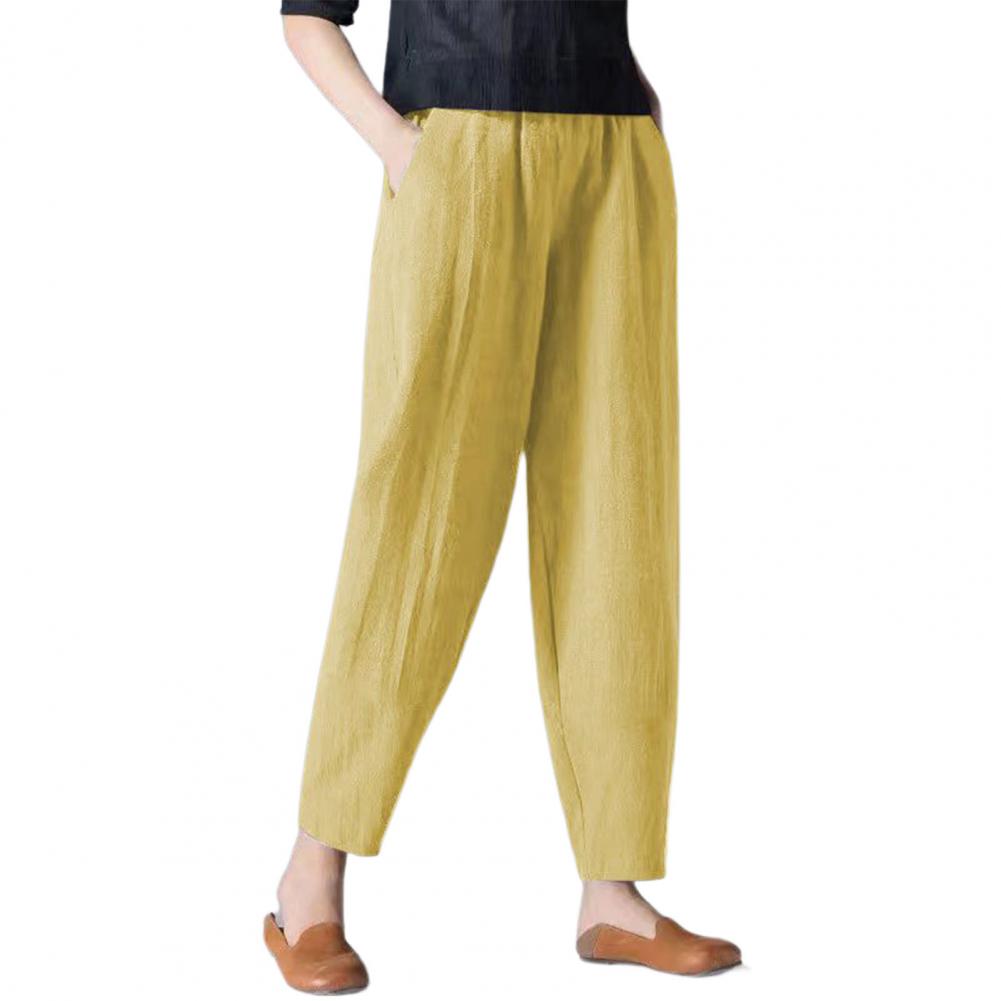 

Женские длинные брюки с карманами, эластичный пояс, широкие брюки, повседневная одежда, темперамент, женская мода, свободные льняные брюки 2XL жёлтый
