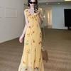 Yellow Ruffle Leaf Edge Floral Suspender Dress Women's Summer Seaside Vacation French Super Fairy Backless Beach Fishtail Dress