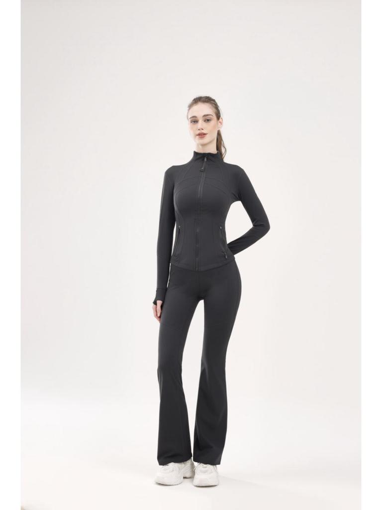 Women's No-Mesh Yoga Suit: High Elasticity Stand Collar Jacket & High-Waisted Flare Pants