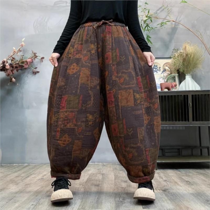 Johnature Pantalones harén con estampado de estilo vintage para mujer, pantalón holgado, informal, con cintura elástica, estilo chino, moda de invierno