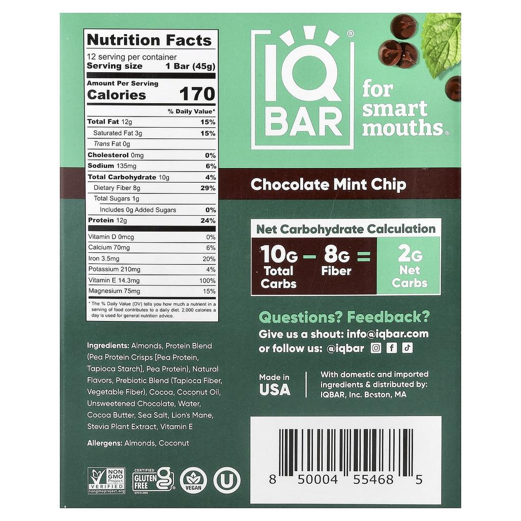 IQBAR, Plant Protein Bar, Chocolate Mint Chip, 12 Bars, 45g (1.6oz) Each