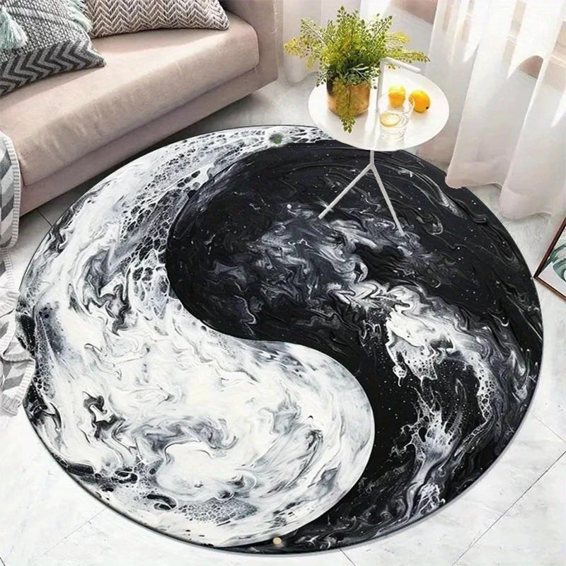Yin Yang Round Rug Non-Slip Machine Washable Rug with Sakura Goldfish Dragon Lion Cat Tree Design for Living Room Bedroom