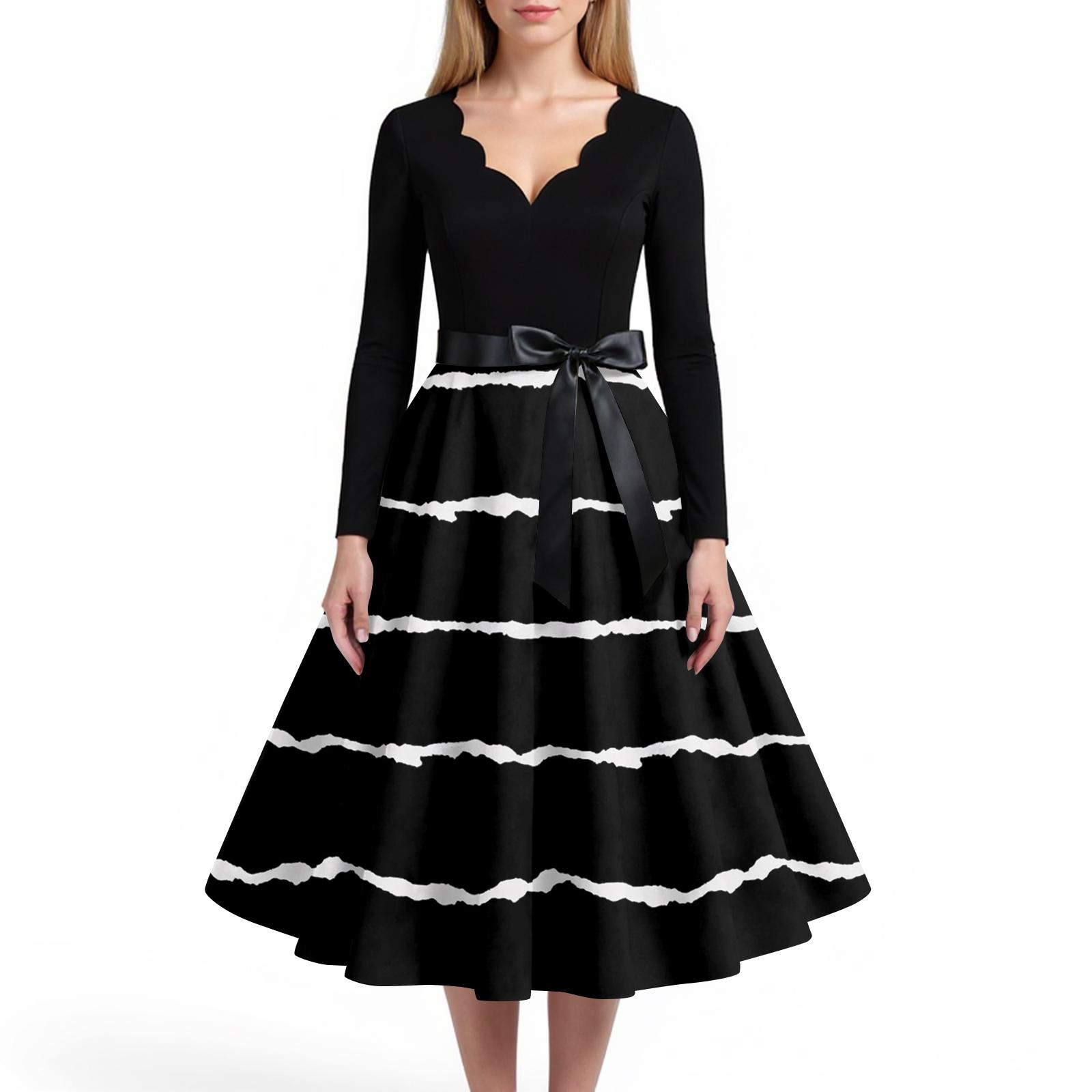 Women s Casual And Fashionable V-neck Long-sleeved Retro Printed Dress L